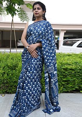 Indigo Blue Printed Cotton Saree