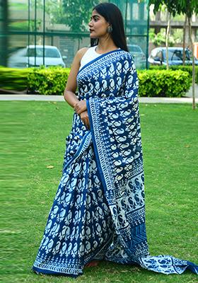 Indigo Blue Printed Cotton Saree