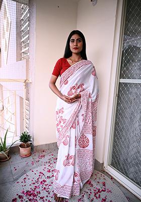 White Printed Cotton Saree
