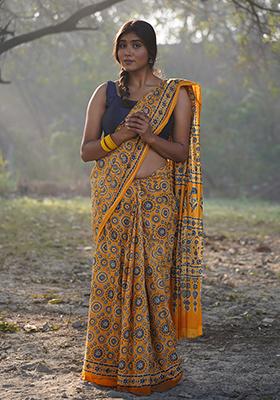 Yellow Printed Cotton Saree