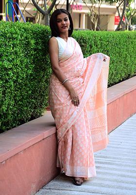 Peach Printed Cotton Saree