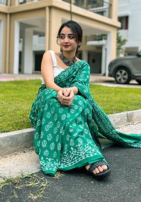 Green Printed Cotton Saree