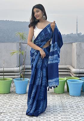 Blue Printed Cotton Saree