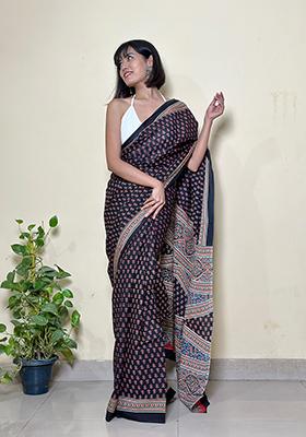 Black Printed Cotton Saree