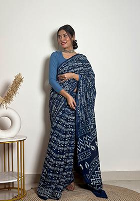 Indigo Blue Printed Cotton Saree