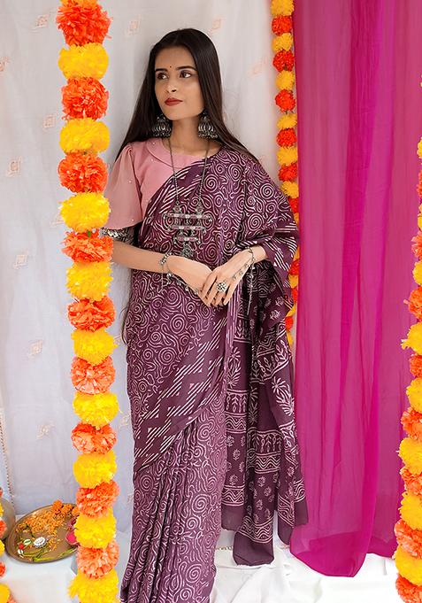 Maroon Printed Cotton Saree