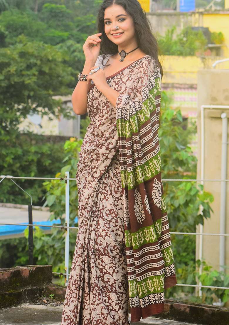 Wine Cotton Saree with Printed for Diwali | Wedding & Festive Wear - Indya