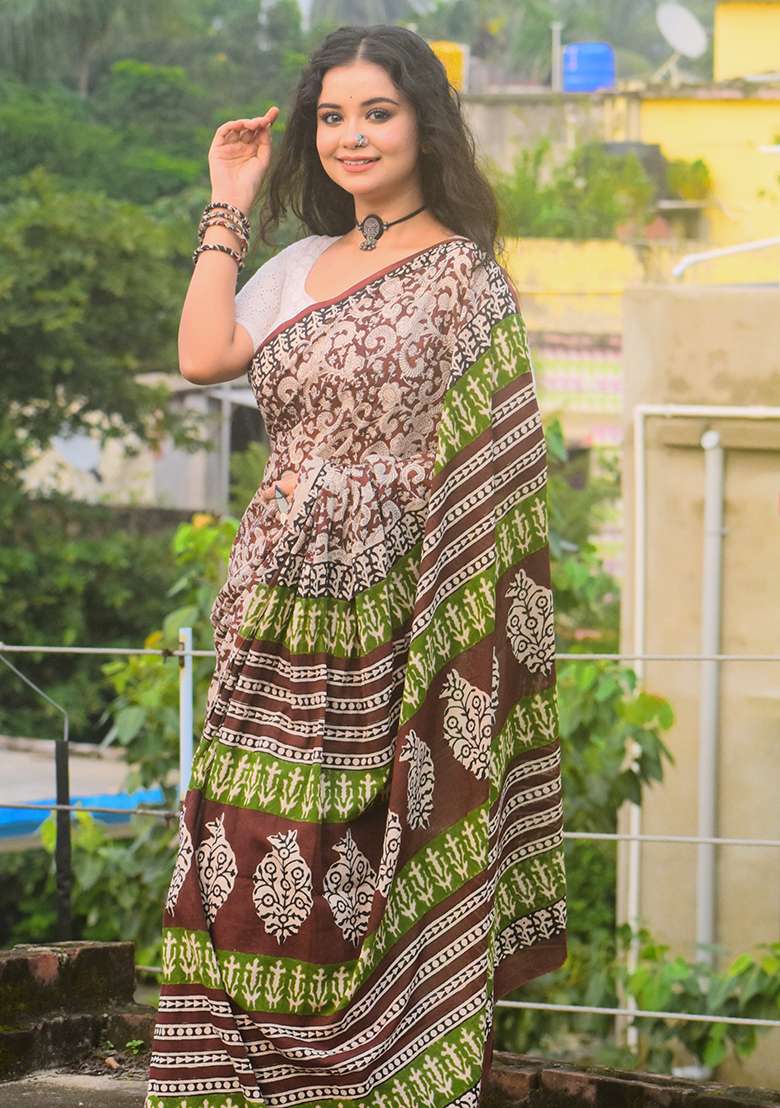 Wine Cotton Saree with Printed for Diwali | Wedding & Festive Wear - Indya