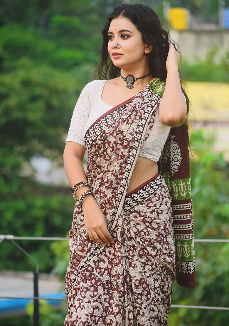 Wine Cotton Saree with Printed for Diwali | Wedding & Festive Wear - Indya