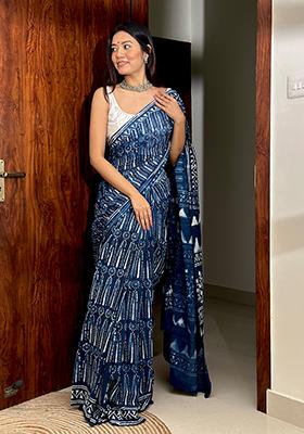 Indigo Blue Printed Cotton Saree