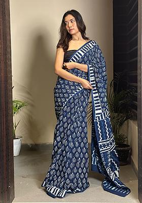 Indigo Blue Printed Cotton Saree