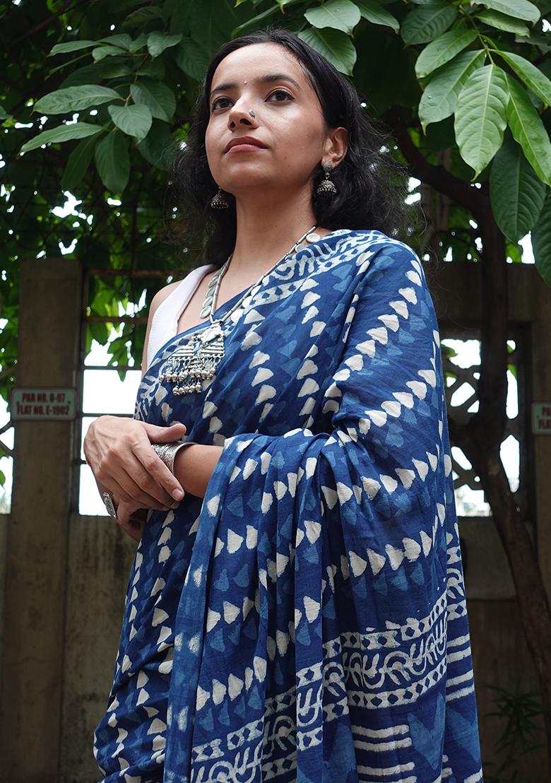 Indigo Blue Printed Cotton Saree - Indya
