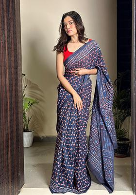 Blue Printed Cotton Saree