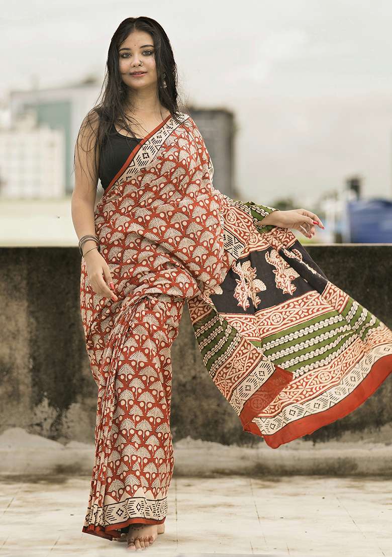 Red Printed Cotton Saree - Indya