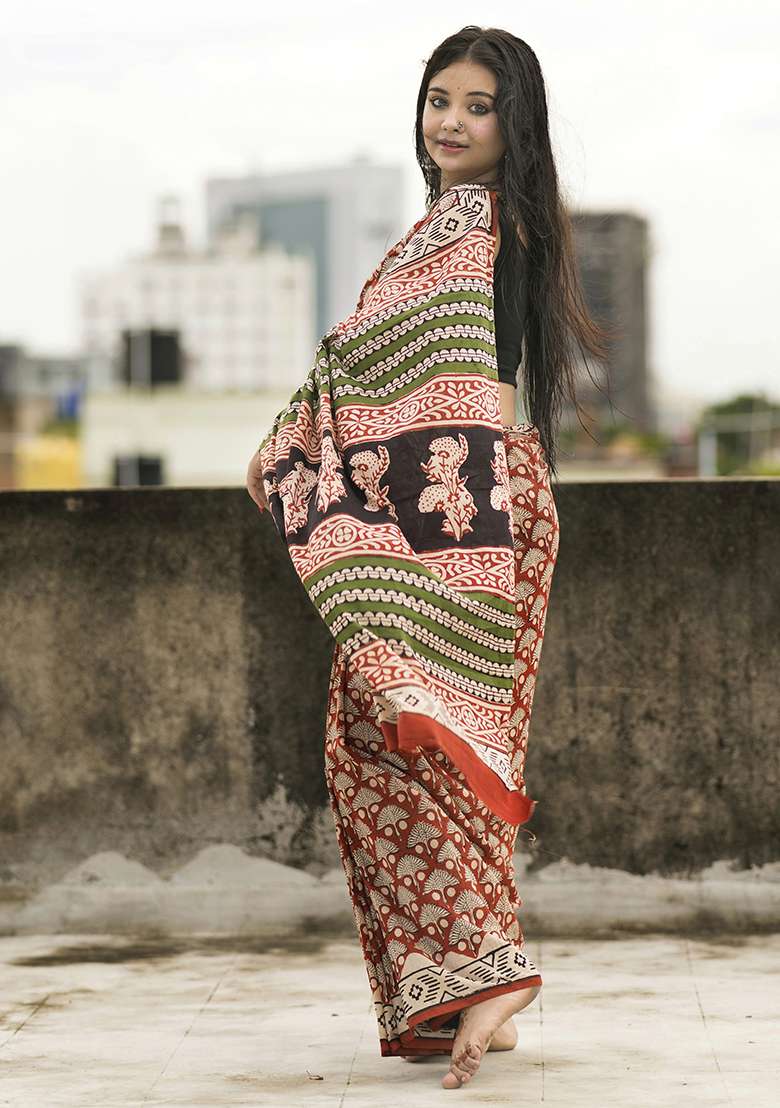 Red Printed Cotton Saree - Indya