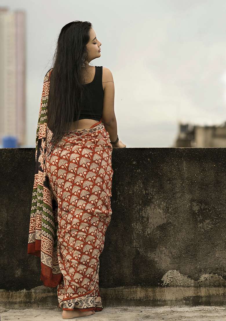Red Printed Cotton Saree - Indya