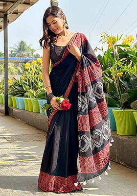 Black Printed Cotton Saree