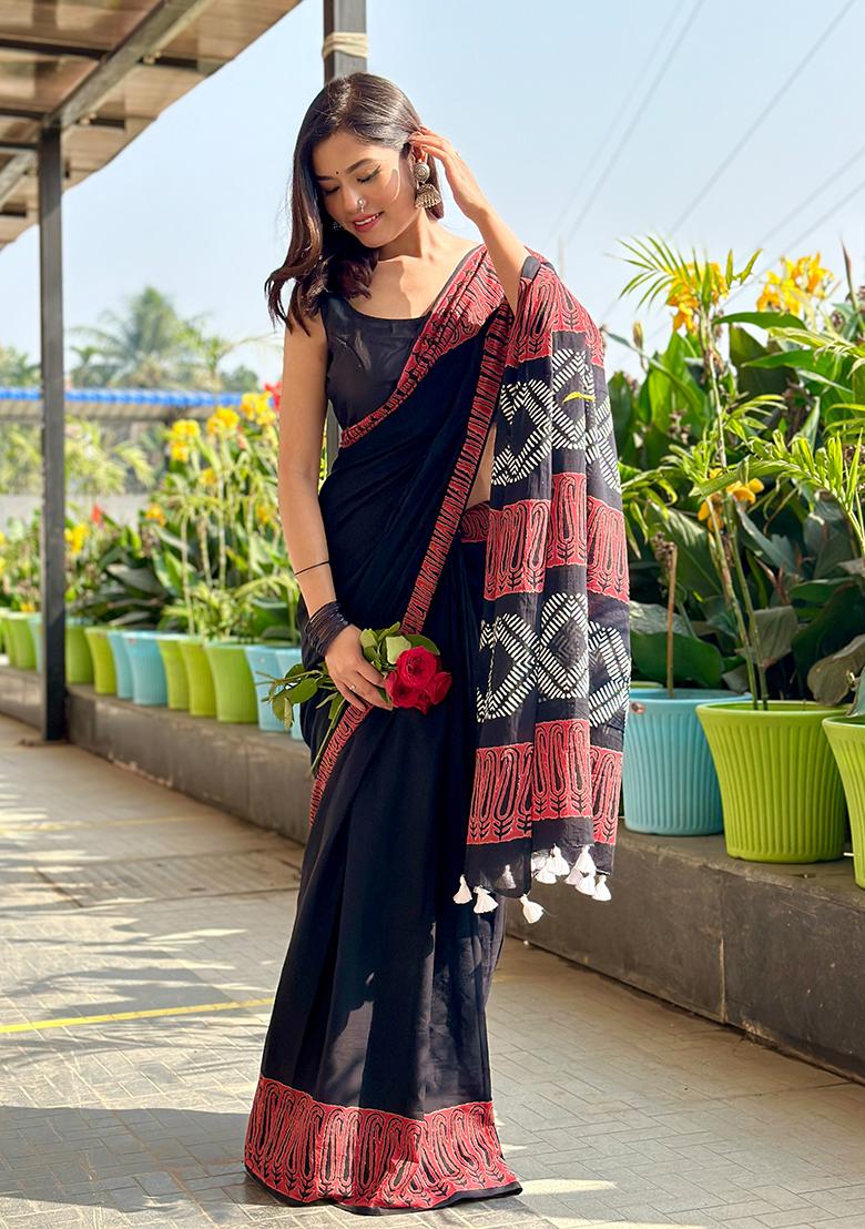 Black Printed Cotton Saree - Indya