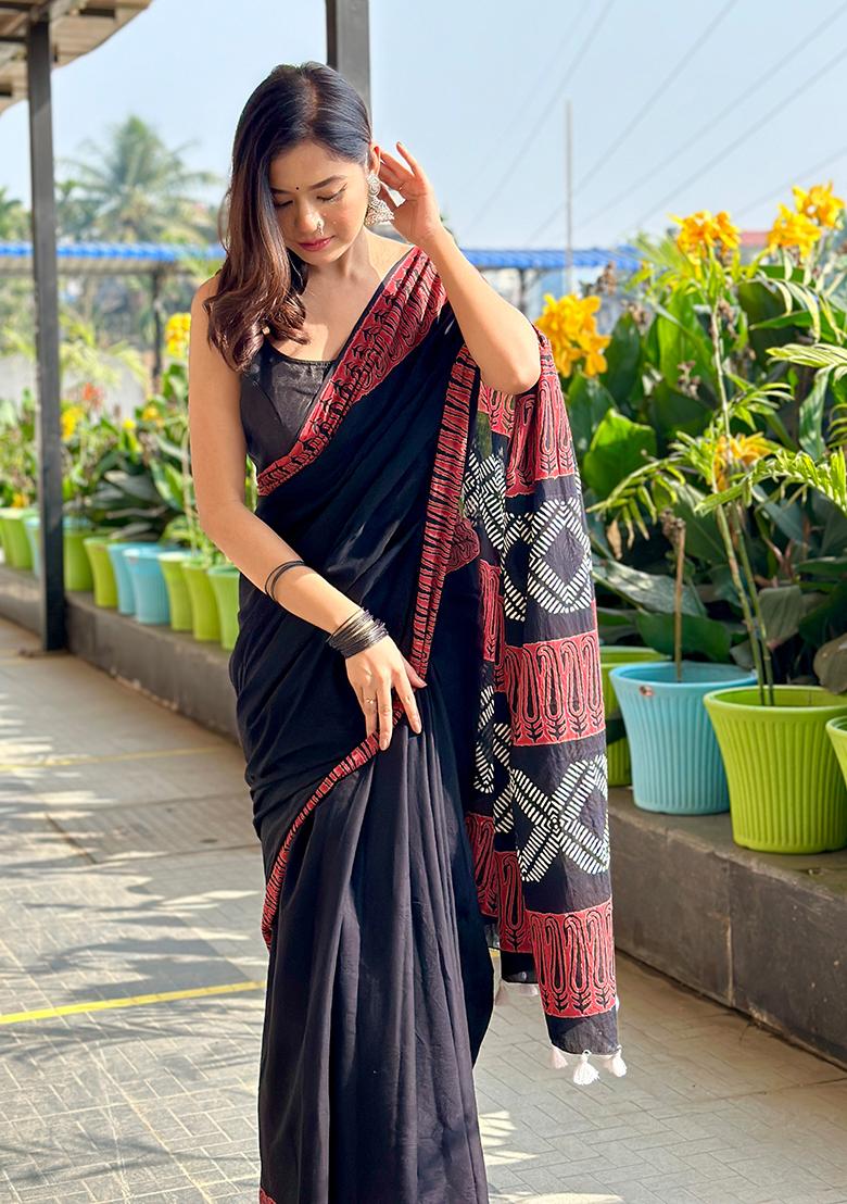 Black Printed Cotton Saree - Indya