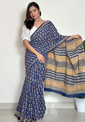 Blue Printed Cotton Saree