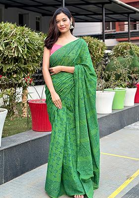 Green Printed Cotton Saree