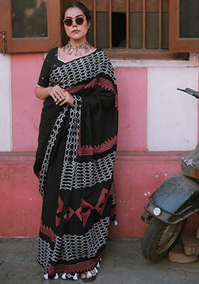 Black Printed Cotton Saree
