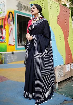 Black Printed Cotton Saree