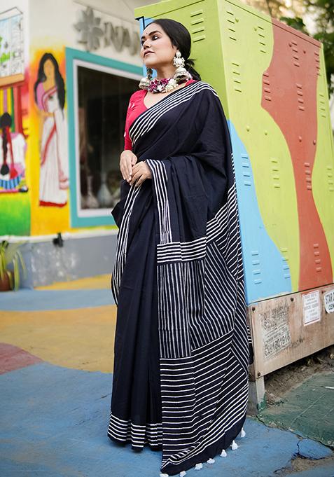 Black Printed Cotton Saree