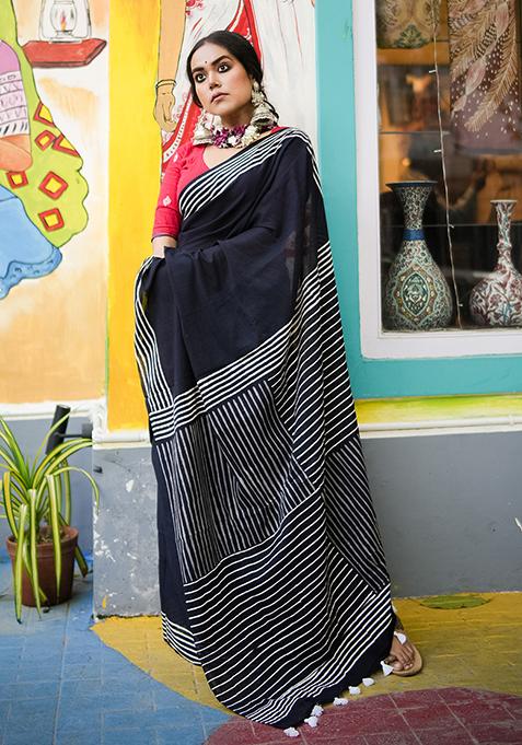Black Printed Cotton Saree