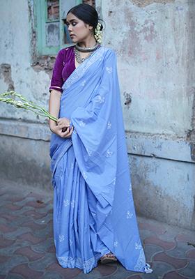 Sky Blue Printed Cotton Saree