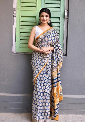 Blue Printed Cotton Saree