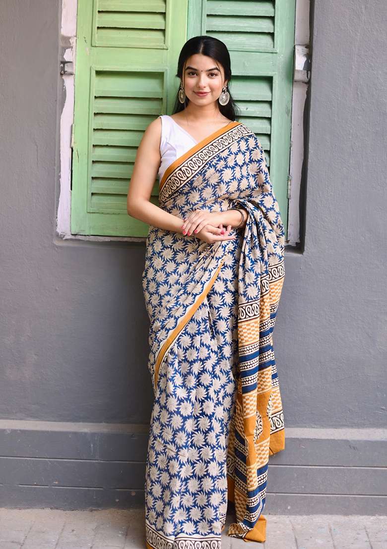Blue Printed Cotton Saree for Diwali and Festive Wear - Indya