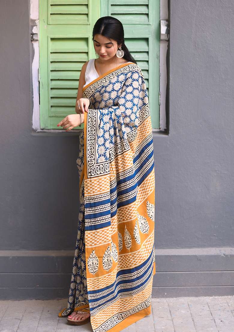 Blue Printed Cotton Saree for Diwali and Festive Wear - Indya