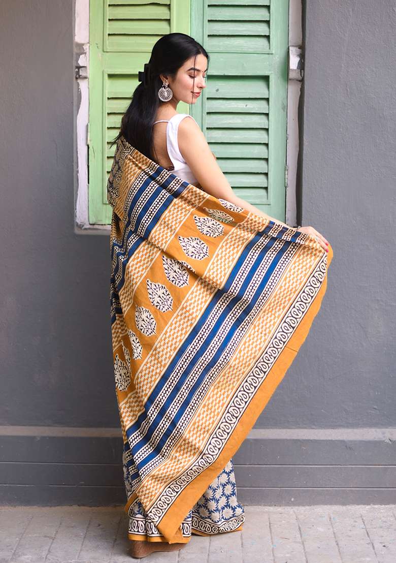 Blue Printed Cotton Saree for Diwali and Festive Wear - Indya
