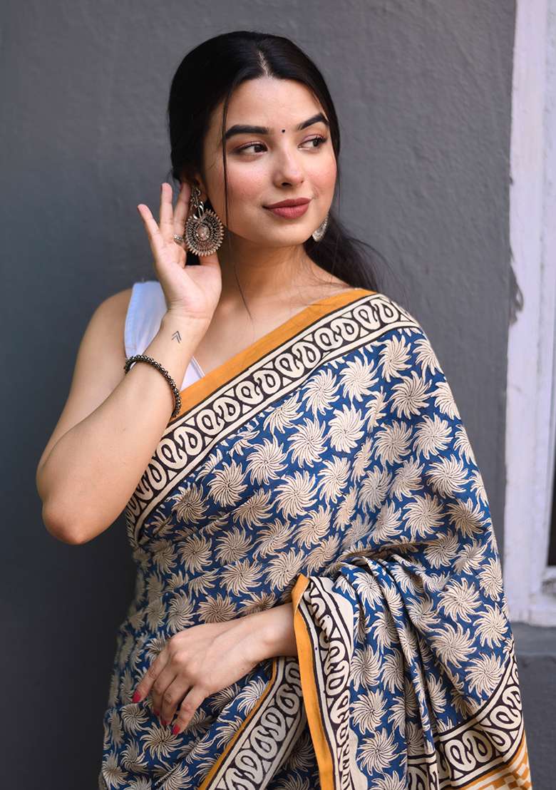 Blue Printed Cotton Saree for Diwali and Festive Wear - Indya