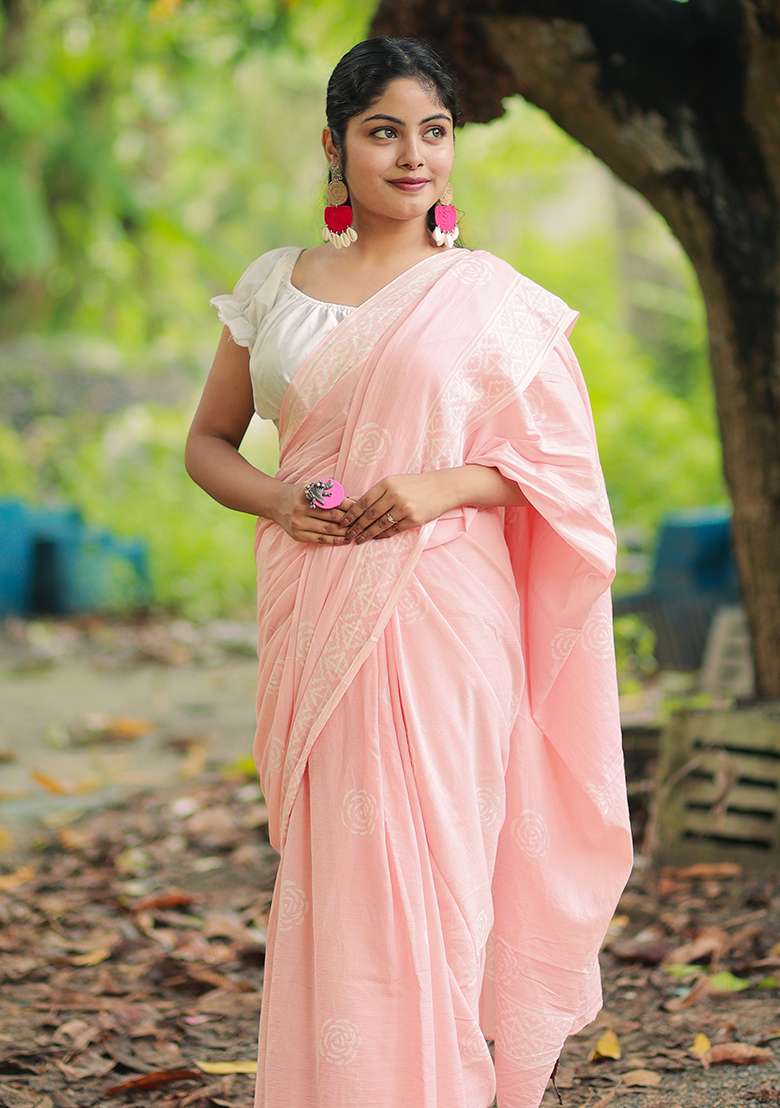 Peach Printed Cotton Saree - Indya