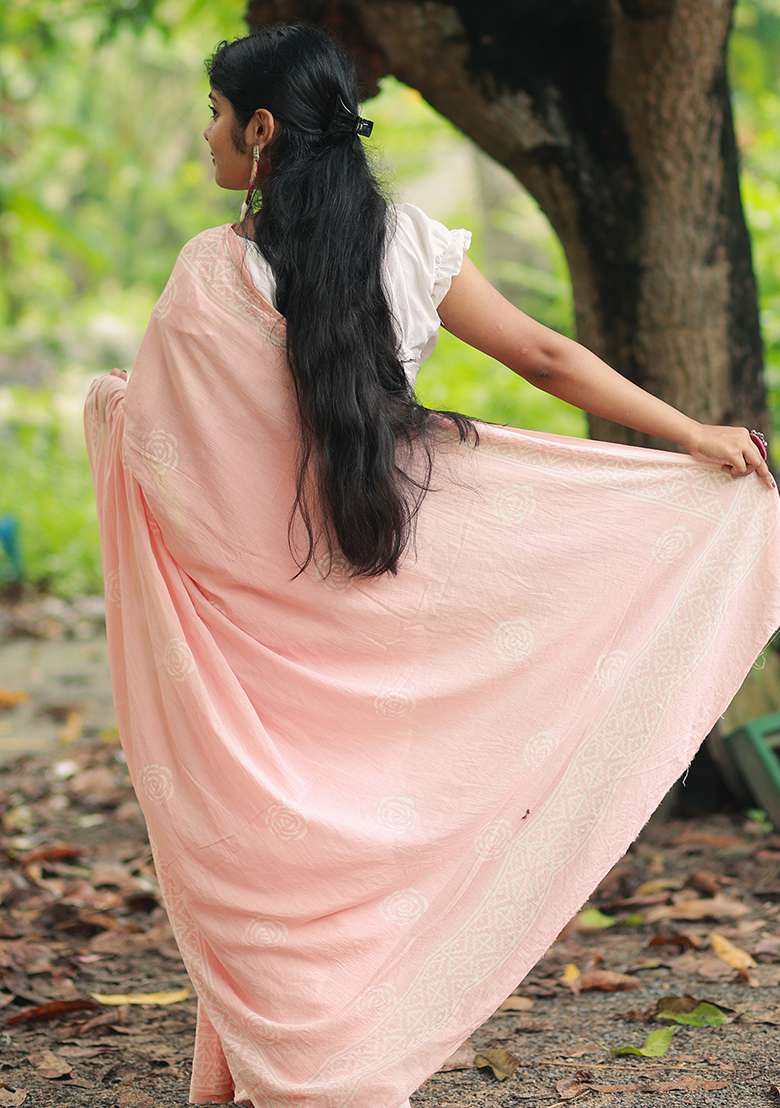 Peach Printed Cotton Saree - Indya