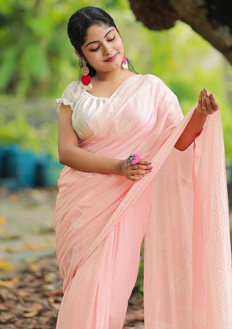 Peach Printed Cotton Saree - Indya