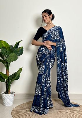 Indigo Blue Printed Cotton Saree