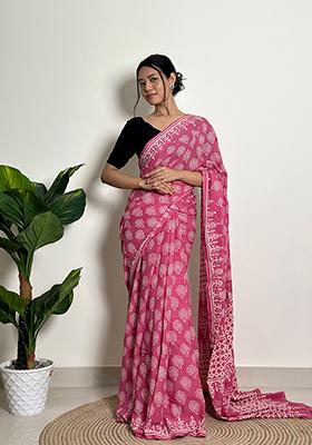 Pink Printed Cotton Saree
