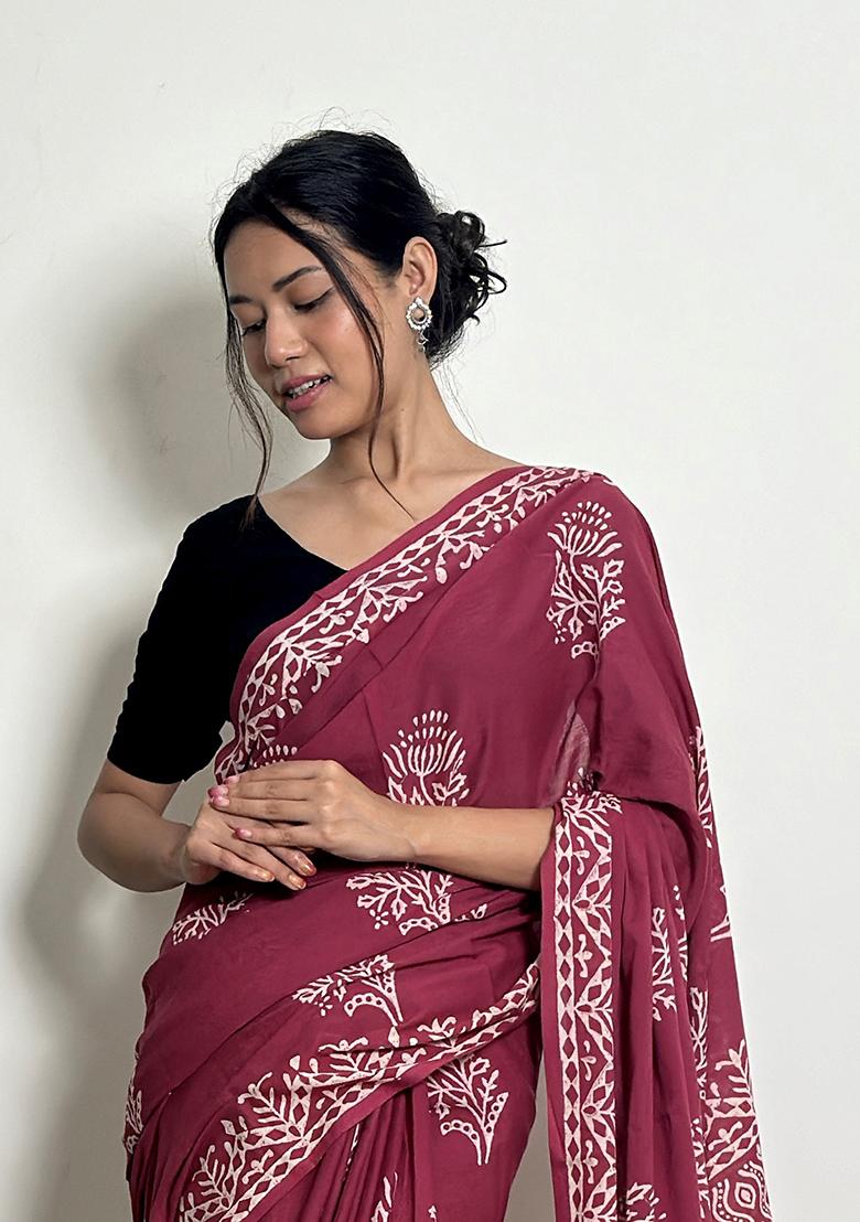 Magenta Printed Cotton Saree - Indya