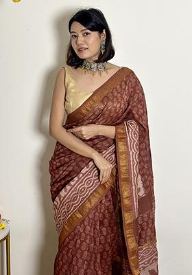 Brown Printed Silk Saree