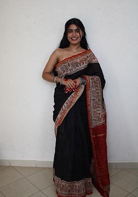 Black Printed Chanderi Silk Saree