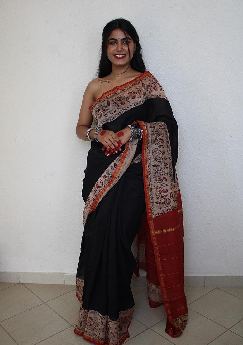 Black Printed Chanderi Silk Saree - Indya