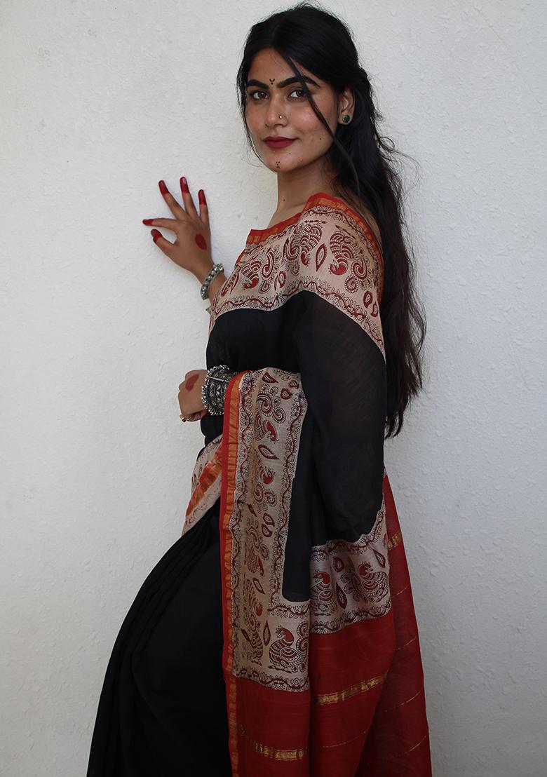 Black Printed Chanderi Silk Saree - Indya