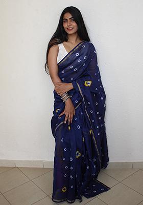 Blue Dyed Chanderi Silk Saree