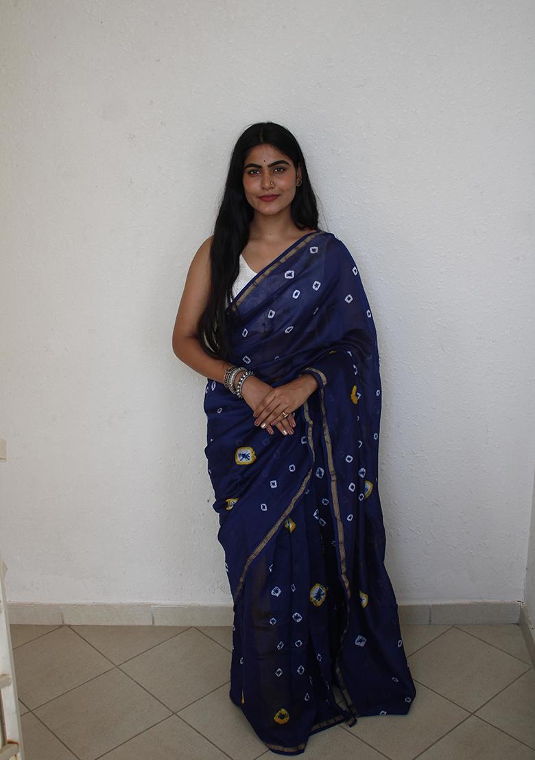 Blue Dyed Chanderi Silk Saree - Indya