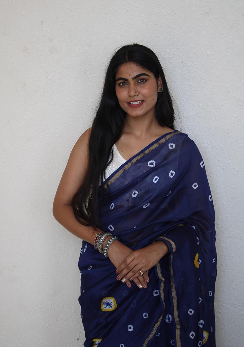 Blue Dyed Chanderi Silk Saree - Indya