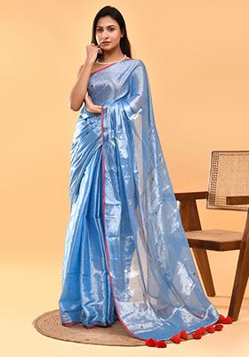 Sky Blue Embroidered Tissue Silk Saree