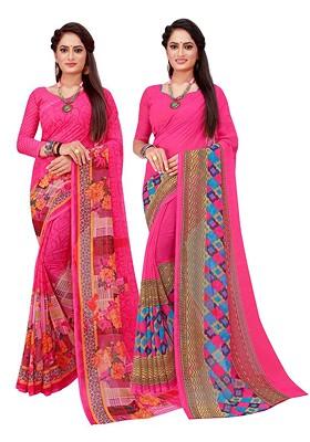 Pink Printed Georgette Saree Set (Set Of 2)